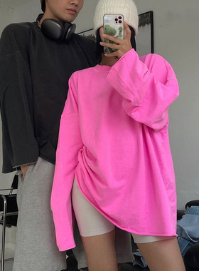 欧美ins博主辣妹上身落肩宽松纯色针织长袖T恤打底衫 中长款