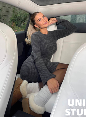 欧美ins博主辣妹上身圆领螺纹针织修身显瘦长袖连衣裙短裙女