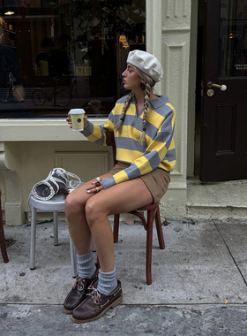 欧美ins博主上身黄色条纹撞色针织衫polo领学院风宽松休闲上衣