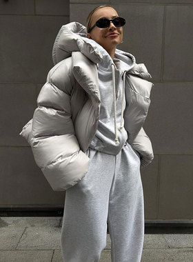 欧美ins博主上身街头潮流纯色宽松短款连帽面包棉服棉衣外套