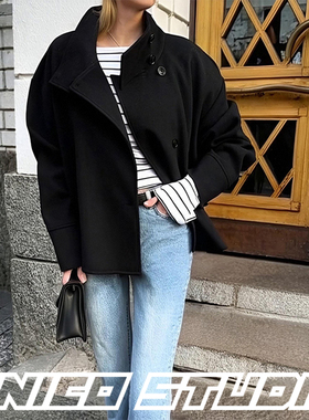 欧美ins博主老钱风cleanfit简约通勤OL气质立领呢子短外套上衣