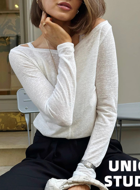 欧美风辣妹一字领简约透视薄款针织衫小背心+长袖T恤上衣 两件套