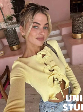 欧美ins博主上身纯欲风设计感黄色荷叶花边修身短款外搭针织开衫