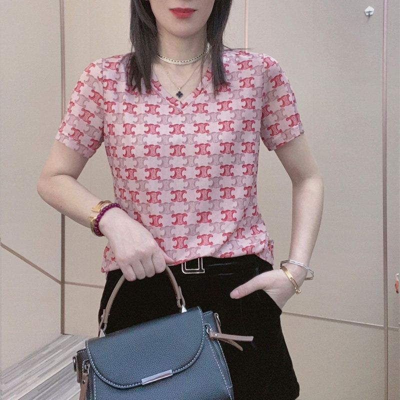 欧货2026夏季新款豆沙粉V领肌肤纱轻薄透气短袖T恤女宽松遮肚体恤