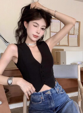 夏季性感辣妹风V领黑色西装马甲短款宽松无袖露脐背心坎肩女上衣
