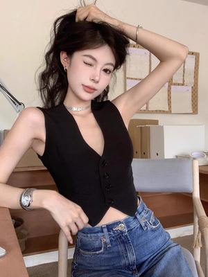 夏季性感辣妹风V领黑色西装马甲短款宽松无袖露脐背心坎肩女上衣