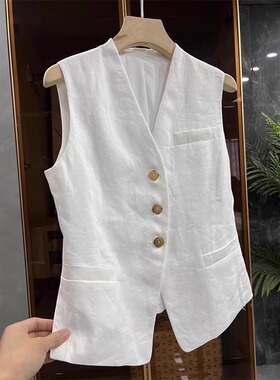 亚麻无袖西装马甲外套女春夏高端复古叠穿v领棉麻坎肩背心上衣夏