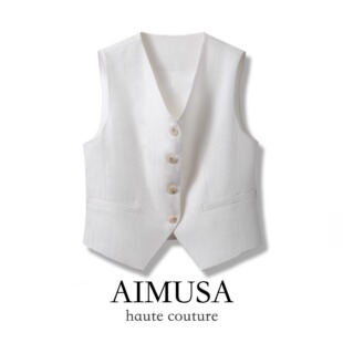 原麻老钱风棉麻V领马甲女短款夏季薄款背心显瘦修身西装马夹外穿