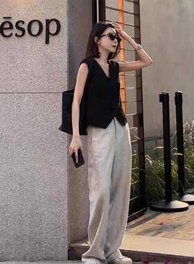 黑色棉麻西装背心马甲女夏季小个子无袖坎肩外穿短款亚麻马夹上衣