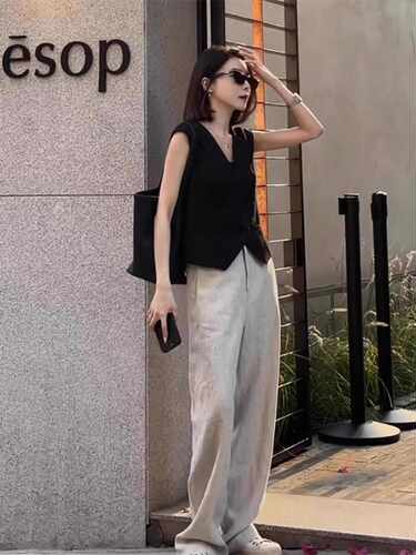 短款棉麻无袖外穿马夹V领