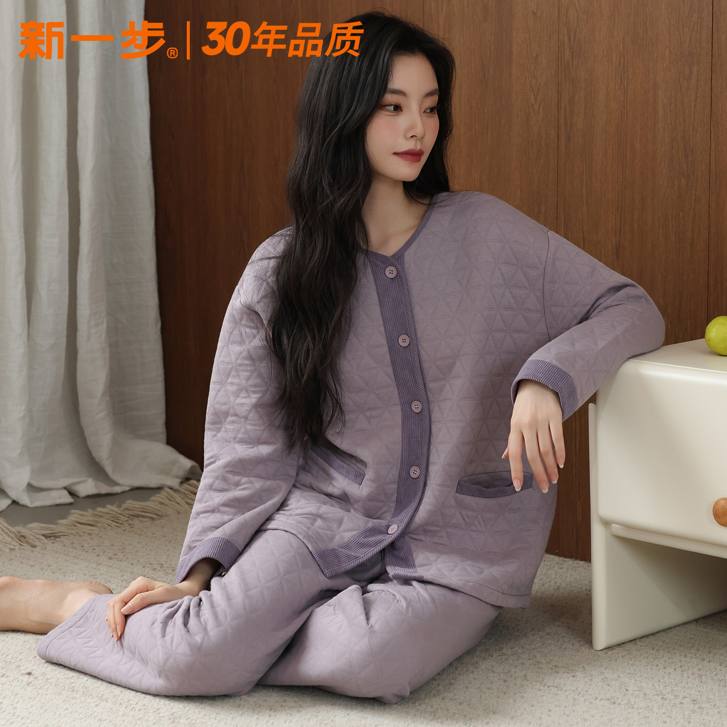 新一步空气棉睡衣女士加厚纯棉长袖开衫家居服秋冬夹棉妈妈套装