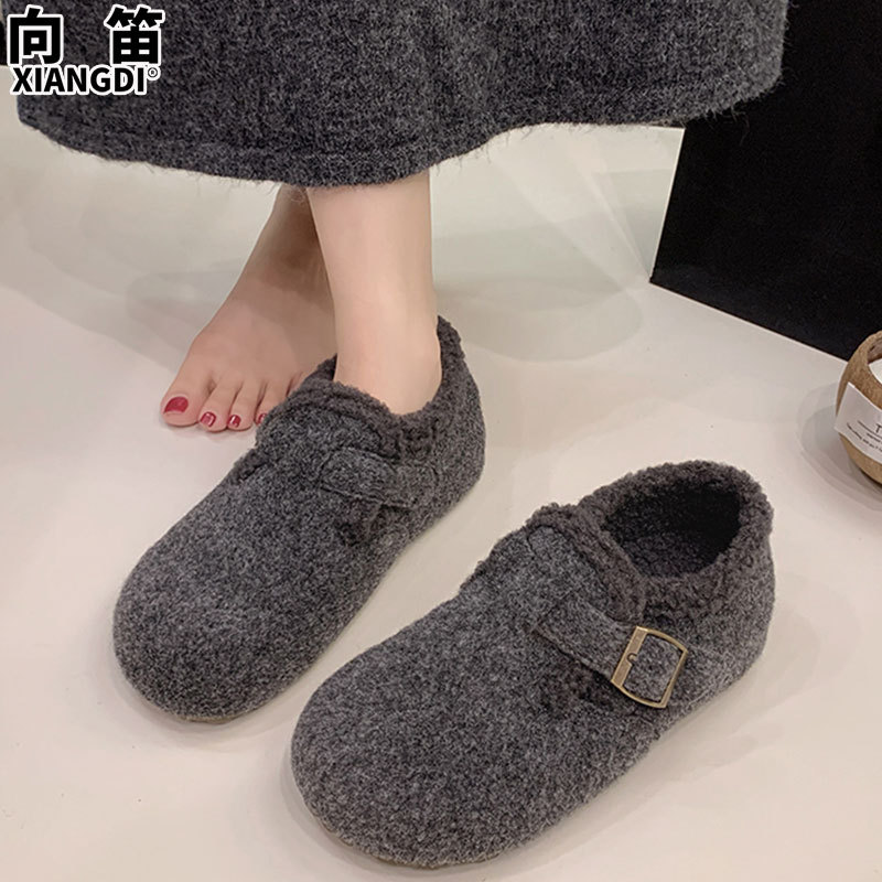 羊呢绒全包灰色勃肯鞋子女鞋加绒加厚保暖一脚蹬棉鞋女士毛毛鞋子