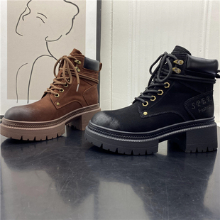 断码处理绒里牛反绒翻毛皮真皮粗跟厚底增高加绒马丁靴短靴女2023