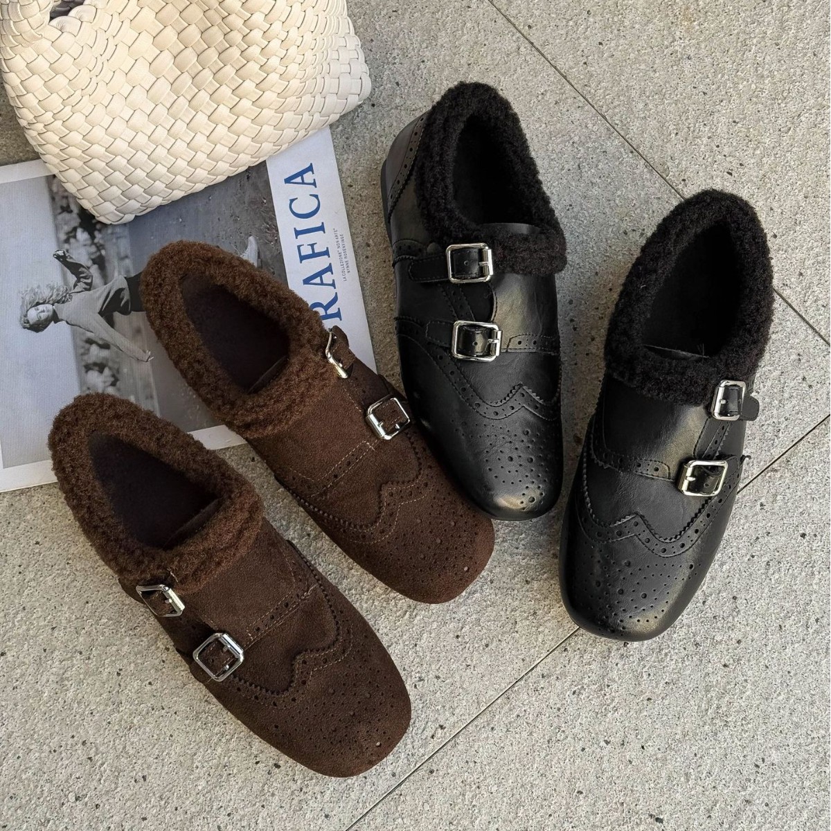 2025冬季新款复古英伦风布洛克小皮鞋通勤百搭玛丽珍鞋加绒毛毛鞋