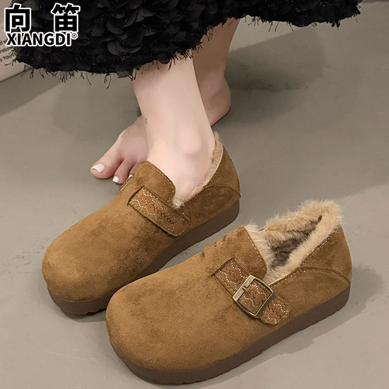 牛皮版全包勃肯鞋女加绒保暖棉鞋厚底毛毛鞋子女冬季一脚蹬雪地靴