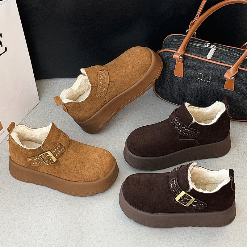 厚底增高棉鞋女2025年冬季新款真皮舒适搭扣豆豆鞋加绒保暖博肯鞋