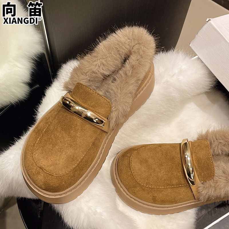 牛皮版全包勃肯鞋女鞋厚底加绒加厚保暖棉鞋乐福鞋女士羊毛雪地靴