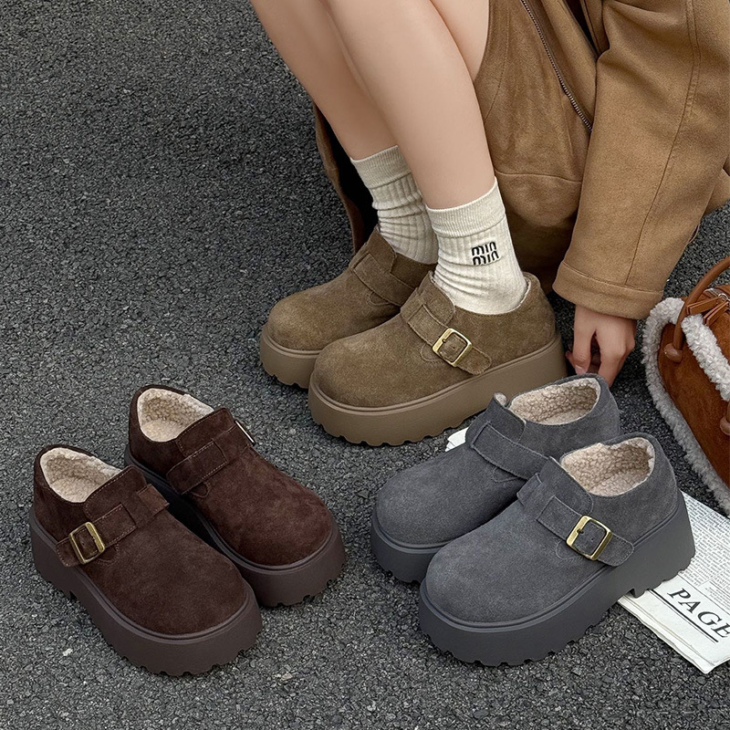 厚底增高搭扣玛丽珍小皮鞋女2025冬新款加绒保暖真皮休闲博肯棉鞋