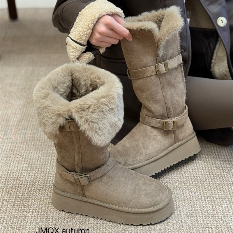 小个子厚底灰色长筒雪地靴女2025冬新款增高加绒加厚保暖东北棉鞋