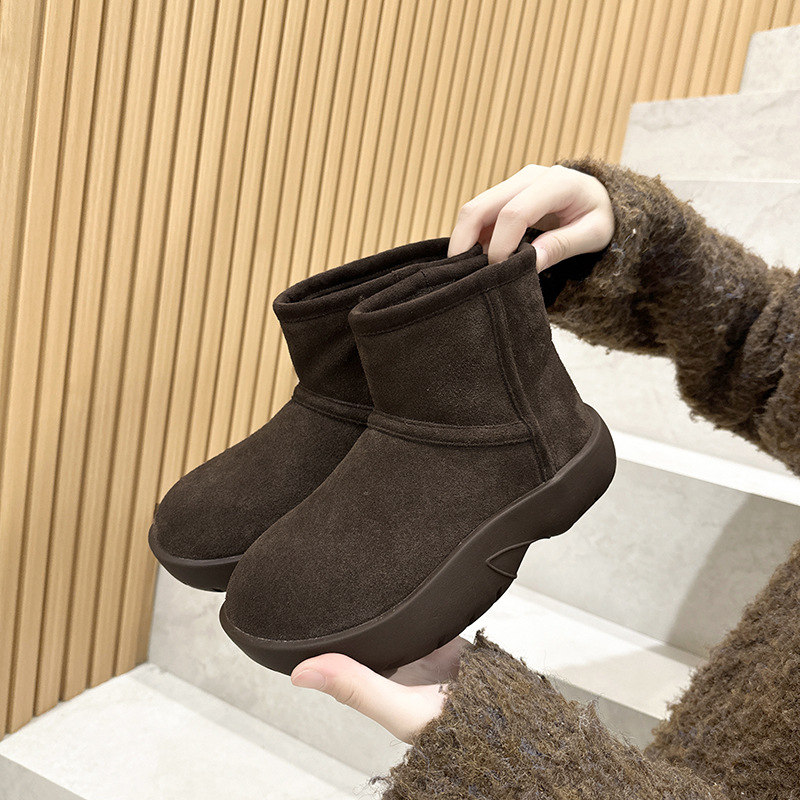 真皮棉鞋女冬厚底加绒短靴2025年新款磨砂皮面包鞋防滑保暖雪地靴