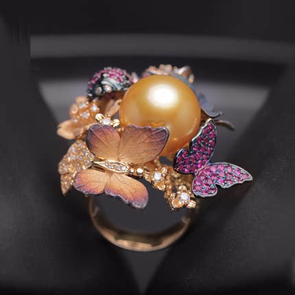 香港进口豪华新款18K金钻石13-14mm天然南洋海水金色珍珠戒指