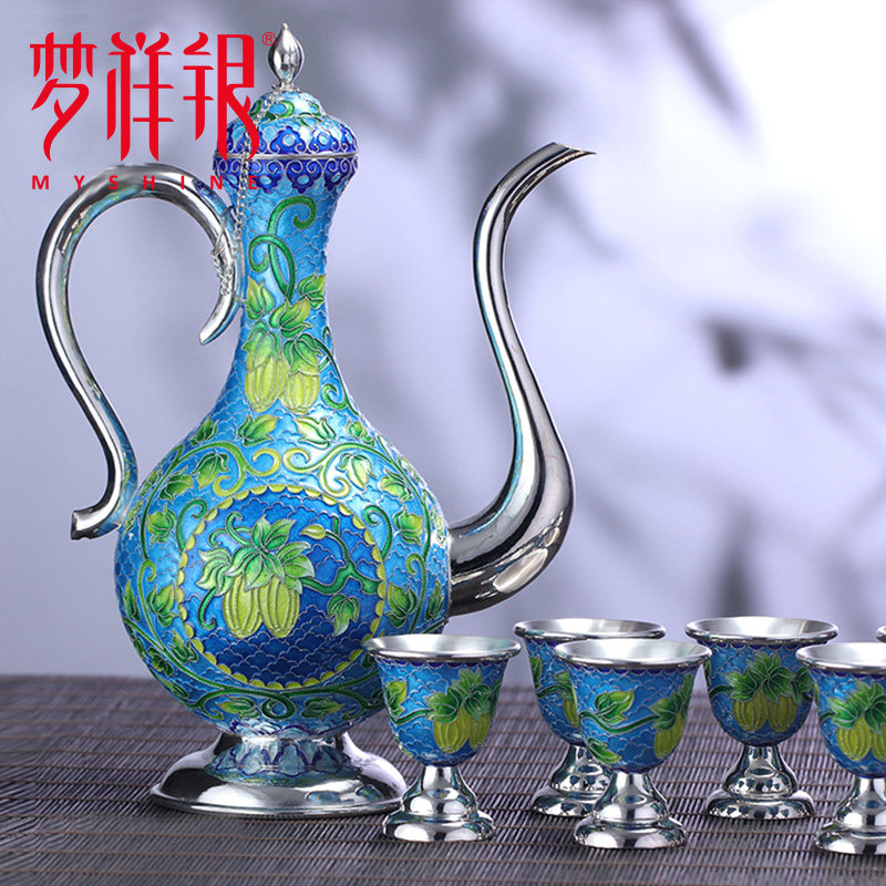 梦祥银盛世系列足银掐丝珐琅浮雕酒具套装酒壶酒杯子商务礼送长辈