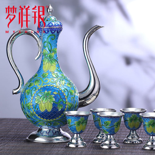 A梦祥银盛世系列足银掐丝珐琅浮雕酒具套装酒壶酒杯商务礼送长辈