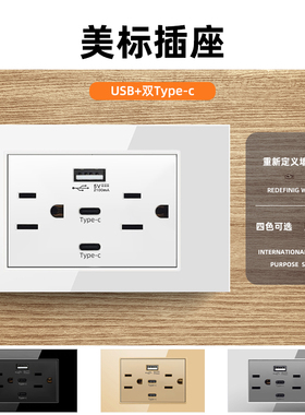 台湾美标六孔ACC专用110V插座带USB面板双type-c白色118型15A黑色