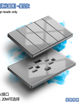 110v台湾灰色大板玻璃全面无边框插座美式开关USB+Type-c快充美标