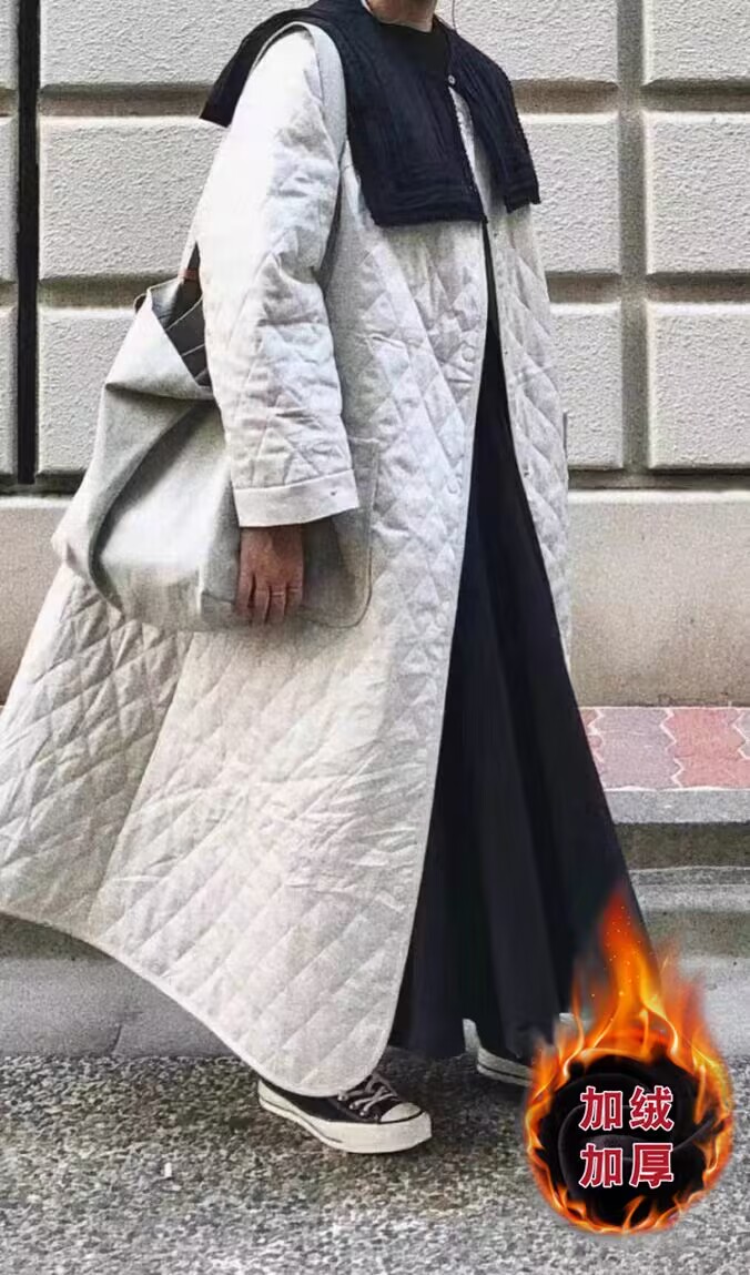 thumbnail for Japanese light round neck casual quilted diamond plaid cotton jacket women's winter long cardigan with padded cotton jacket