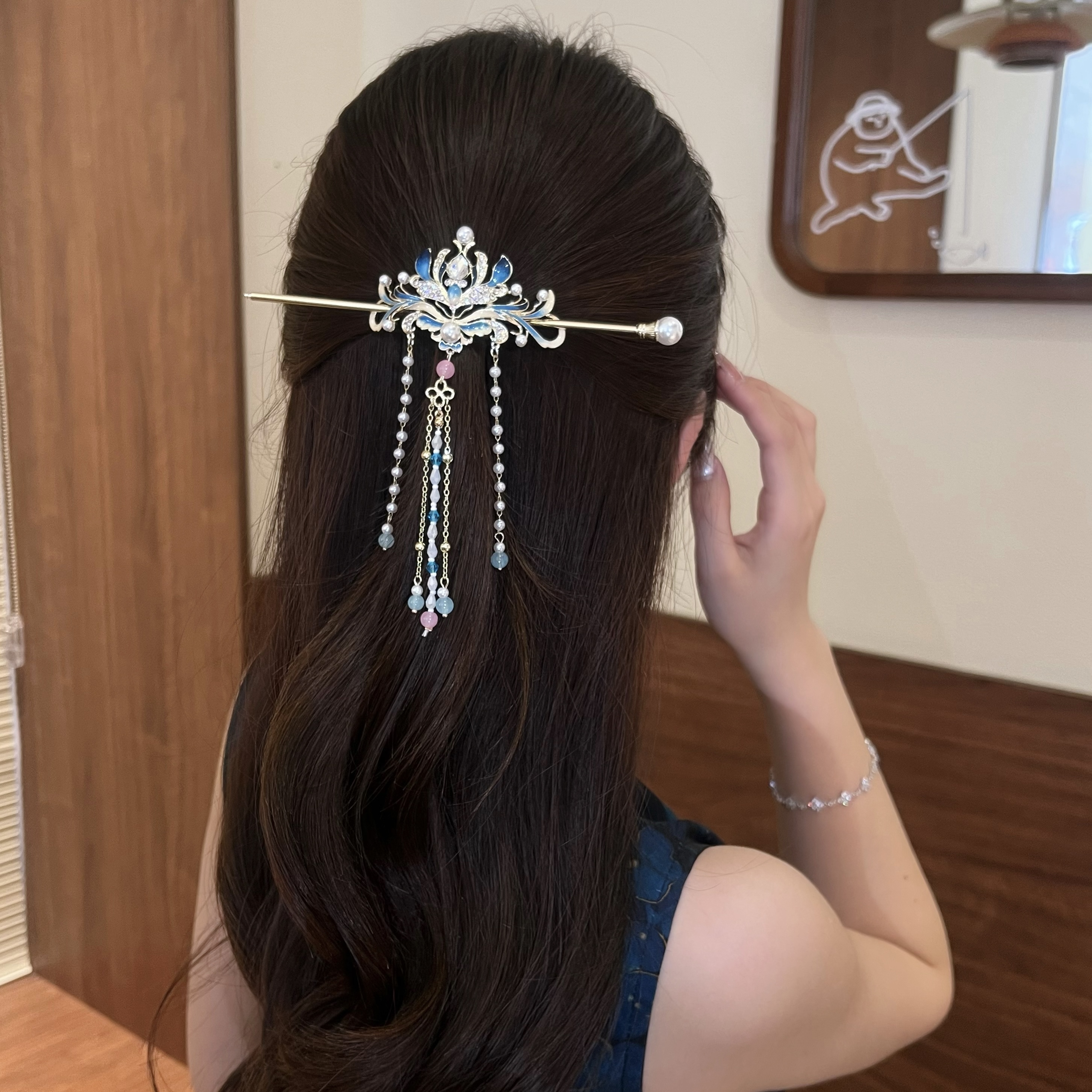 新中式敦煌美学莲花珠珠流苏组合发簪后压气质超仙古风发饰