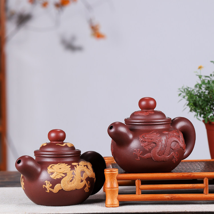 宜兴紫砂壶双龙戏珠壶纯手工制作四号井底槽清泥料做工精细壶型好