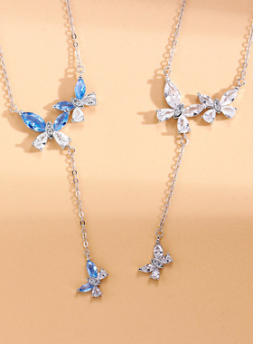 甜美闪钻蝴蝶花朵流苏项链女2024年新款简约小众百搭级感锁骨链