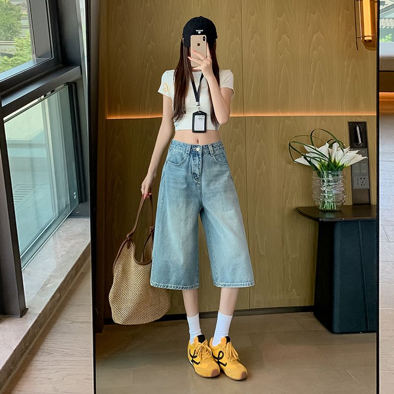 兰贝儿  夏季浅色七分阔腿牛仔裤裤子女百搭宽松显瘦垂感直筒八分
