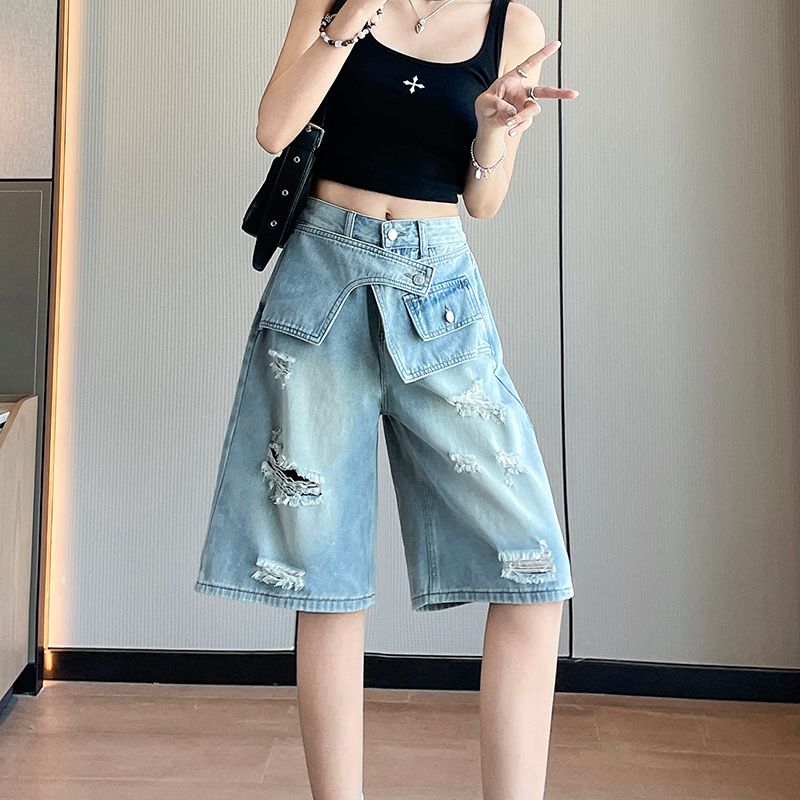 兰贝儿  2026夏季新款破洞阔腿牛仔裤女高腰显瘦小个子设计感港风