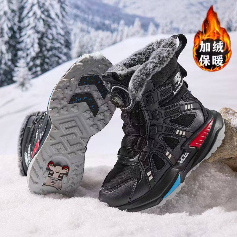 大童雪地靴男东北加绒加厚男童大棉靴女童皮毛一体冰爪防滑特厚冬
