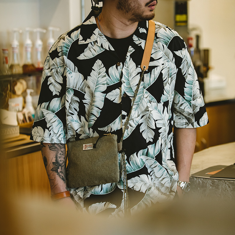 马登工装复古美式夏威夷短袖衬衫五分袖沙滩度假印花衬衣男士上衣