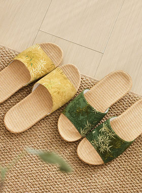 夏季女士亚麻竹韵印花高防滑拖鞋