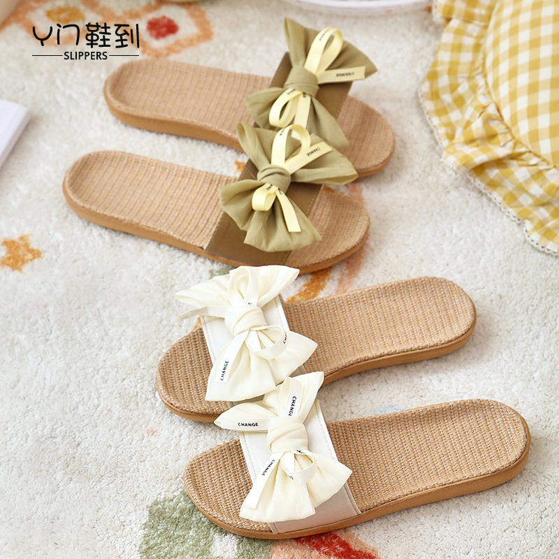 春秋蝴蝶结可爱亚麻拖鞋韩版拼色