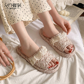 2025新款 棉麻拖鞋 女春秋居家室内防滑静音棉拖加厚三层手工碎花