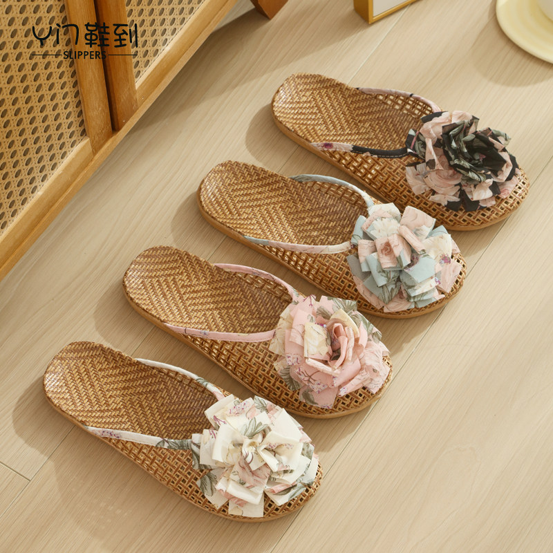 夏季亚麻藤席草编凉拖鞋少女居家室内可外穿防滑花朵可爱居家拖鞋