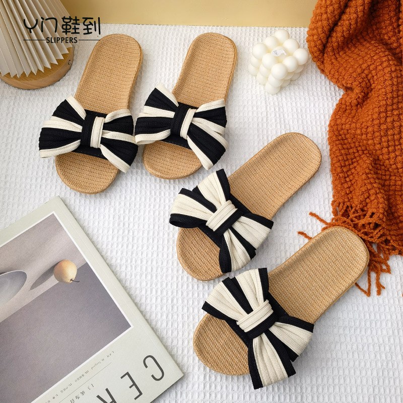 eva韩版蝴蝶结防滑少女亚麻拖鞋