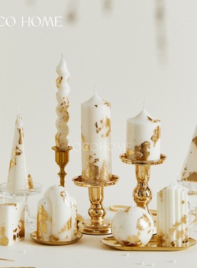 手作金箔白色蜡烛无味无烟艺术高级感家居装饰品摆件黄铜烛台摆件