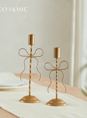 法式蝴蝶结金属烛台金色细长蜡烛托创意复古软装搭配浪漫桌面摆件