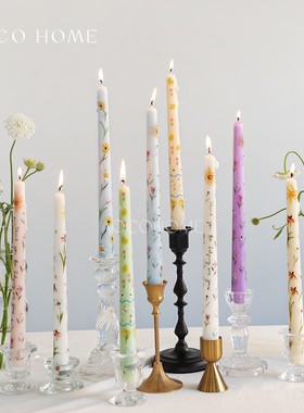 新中式25cm彩色贴花长杆蜡烛家用无烟无味烛光晚餐氛围感装饰摆件