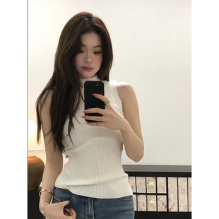 韩系辣妹纯欲无袖半高领针织衫背心女白色修身显瘦内搭打底衫上衣