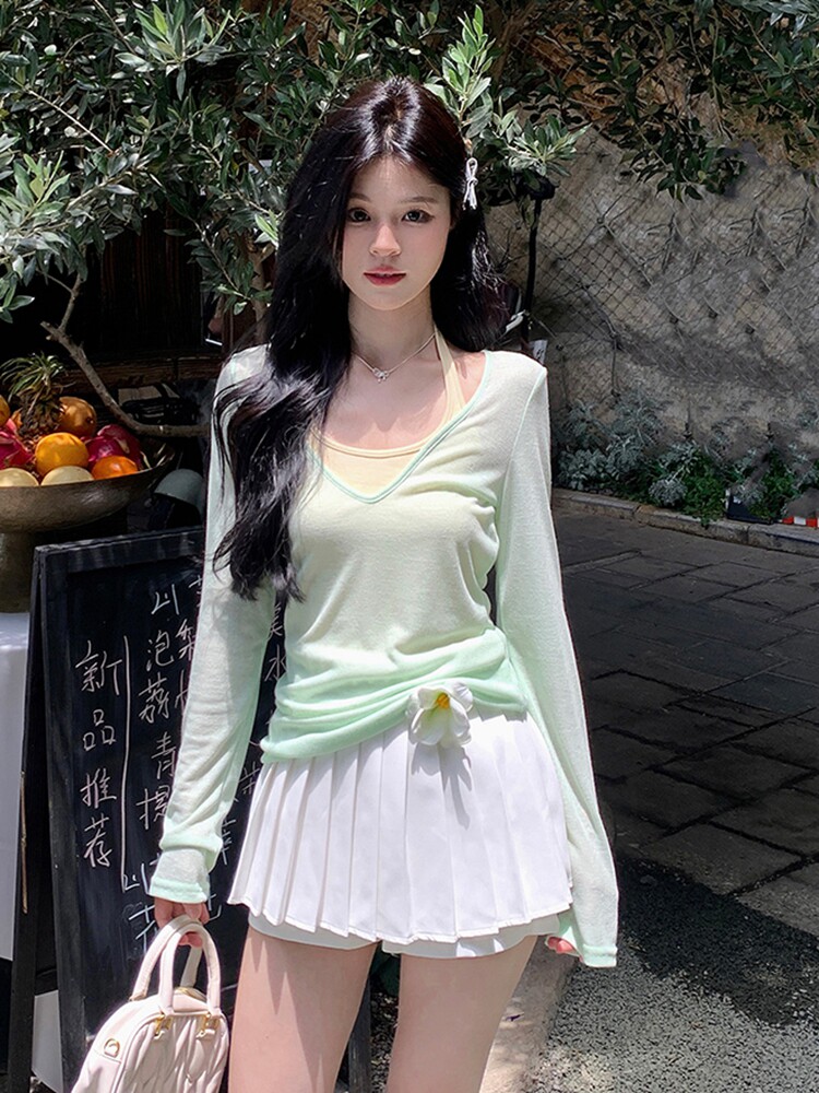 夏季微透v领上衣薄款t恤女吊带小背心百褶裙a字半身裙甜辣妹套装