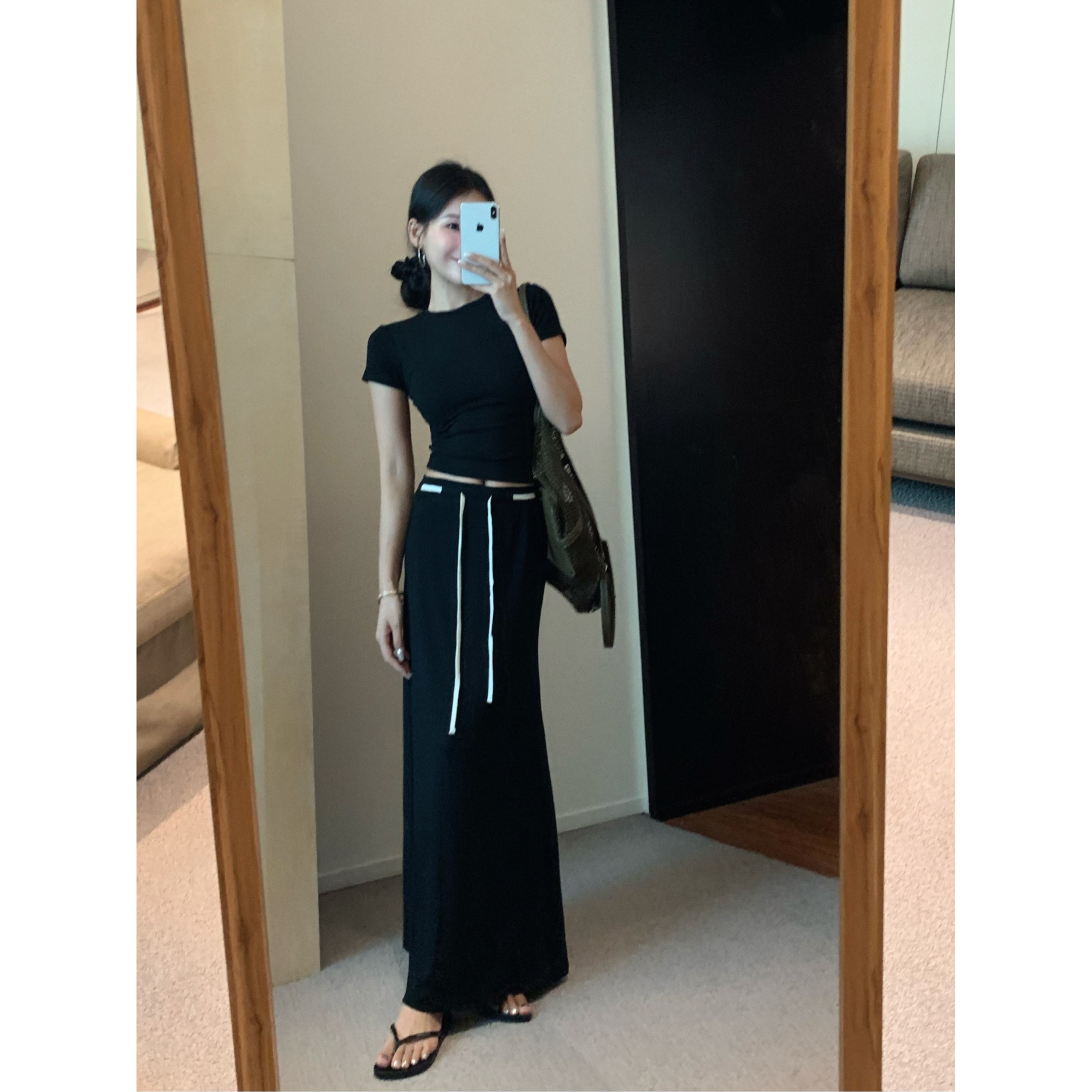 休闲显瘦弹力简约百搭短袖t恤女夏季上衣抽绳系带半身裙A字裙长裙