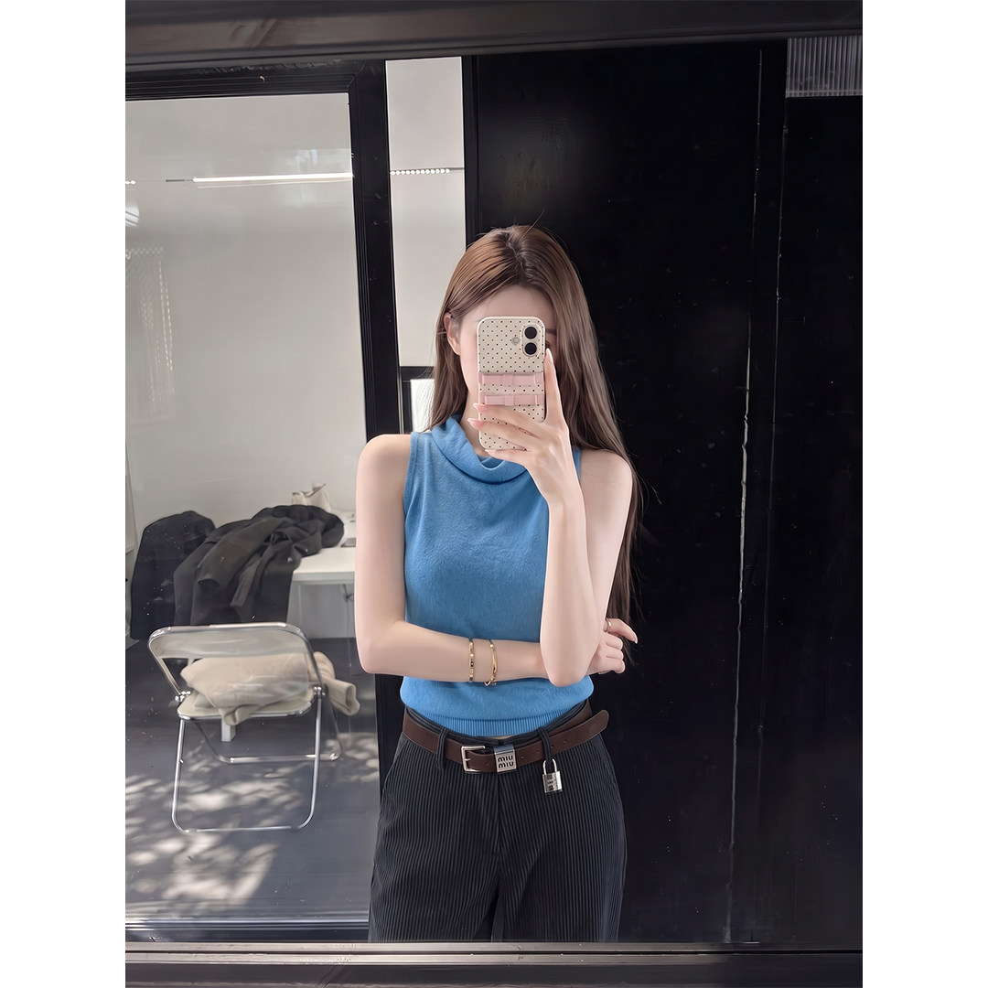 轻熟简约风蓝色堆堆领针织背心女早秋季气质修身显瘦百搭无袖上衣