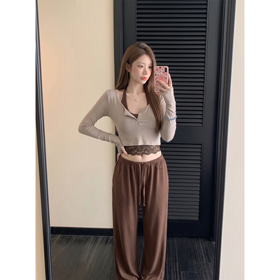 早秋松弛感蕾丝吊带阔腿套装女